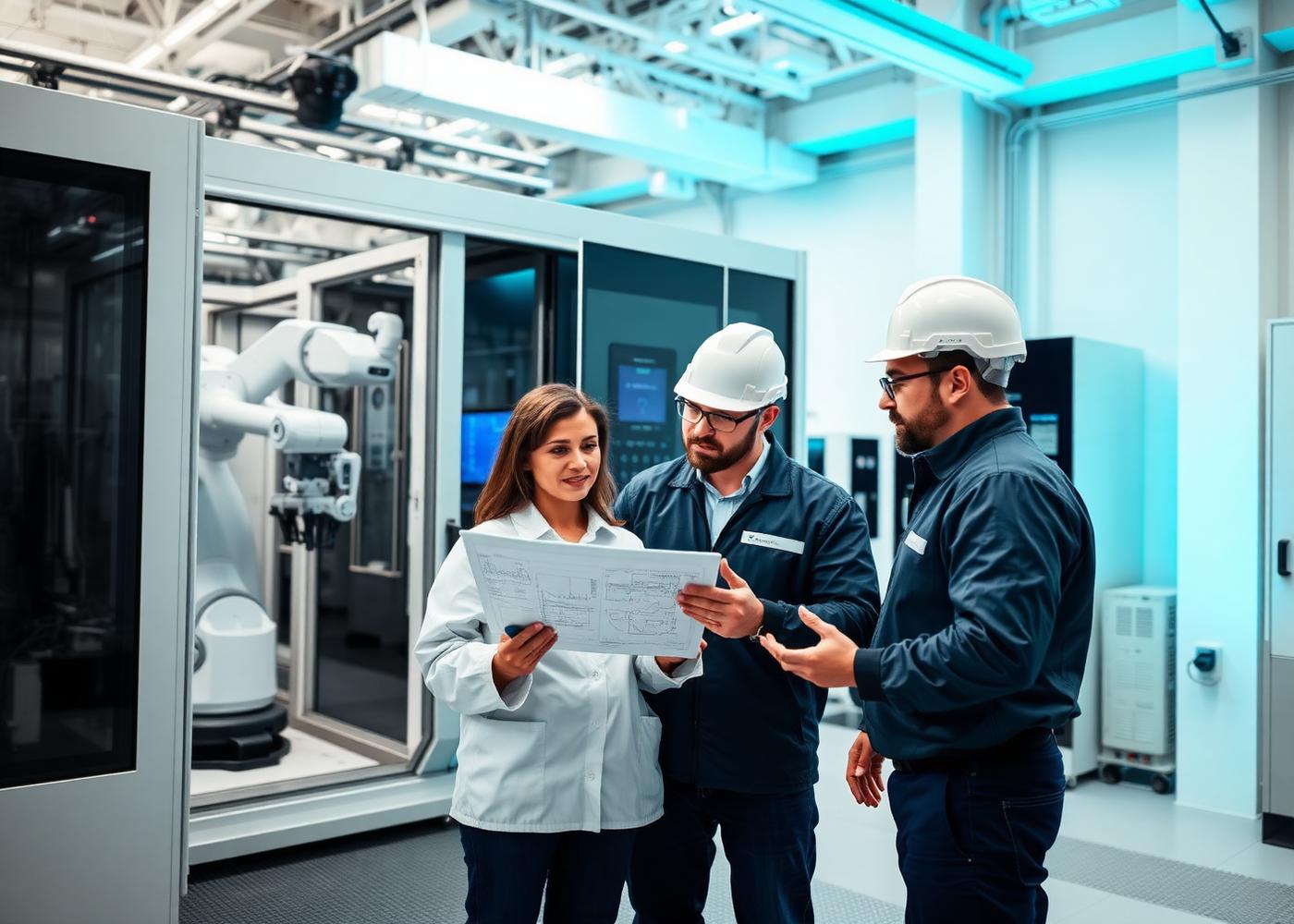 Ingenieros revisando planos de integración de línea